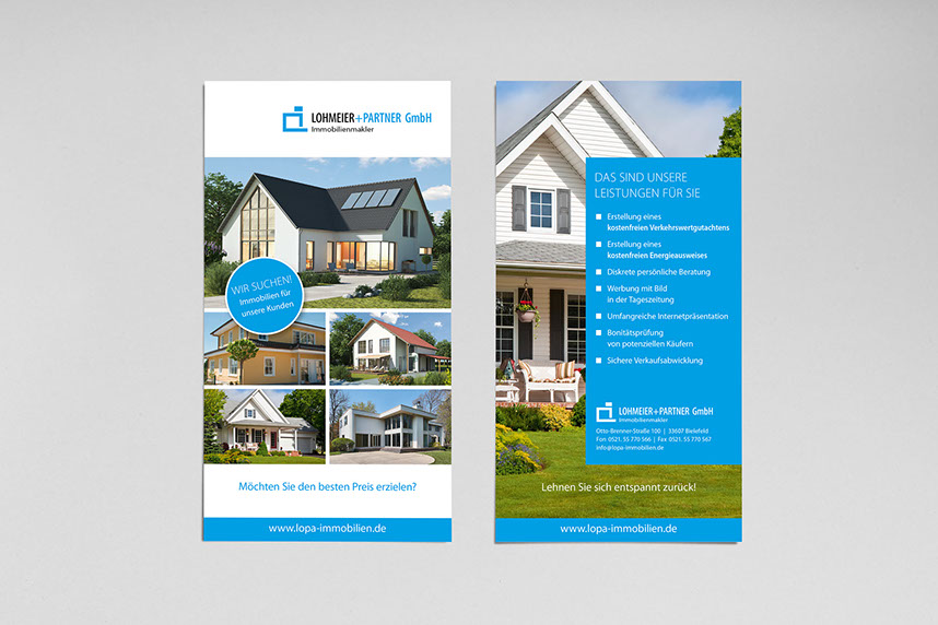 Mailing, Flyer für Lohmeier+Partner, Immobilienmakler, Vorder- und Rückseite 