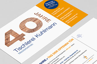 Einladung zum Firmenjubiläum für die Tischlerei Kuhlmann, Vorder- und Rückseite 