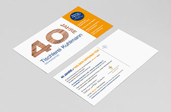 Einladung zum Firmenjubiläum für die Tischlerei Kuhlmann, Vorder- und Rückseite 