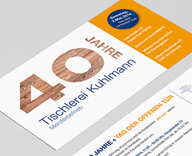 Einladung zum Firmenjubiläum für die Tischlerei Kuhlmann, Vorder- und Rückseite 